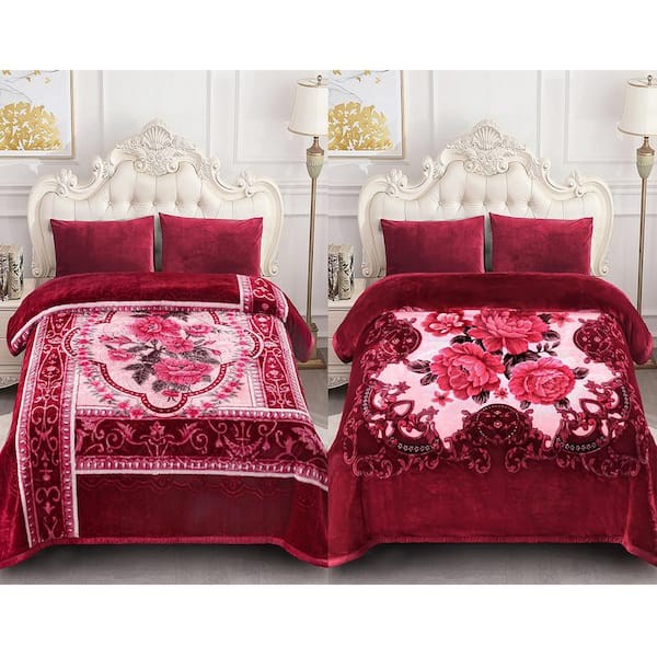 JML Burgundy Rose Polyester 75 in. x 87 in. Reversible Printed Fleece Mink Warm Thick Winter Blanket