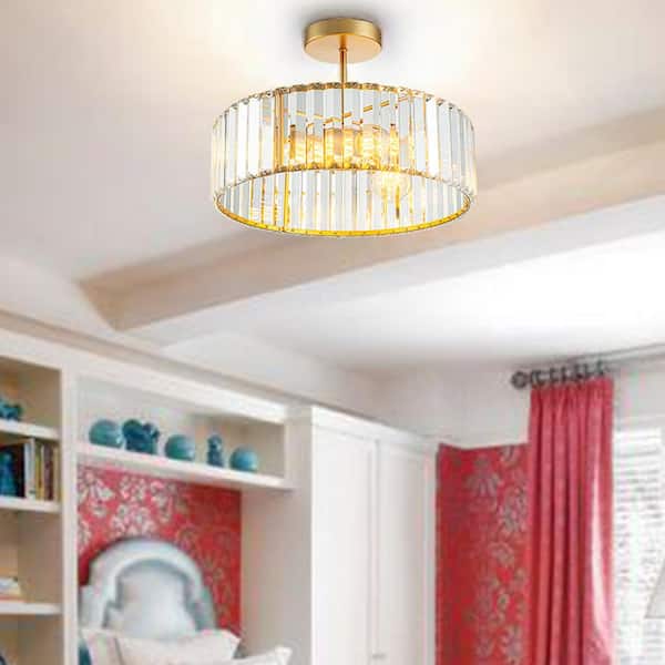 Sefinn Four 15 in. 3-Light Gold Crystal Semi Flush Mount Ceiling