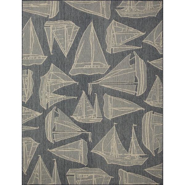 Sailboats Navy/Ivory 6 ft. x 9 ft. Indoor/Outdoor Area Rug