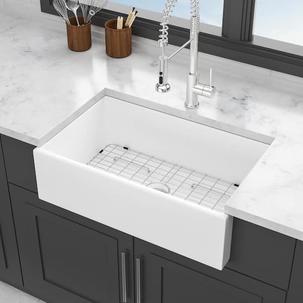 Unbranded 30 in. Farmhouse Single Bowl White Ceramic Kitchen Sink with Bottom Grids
