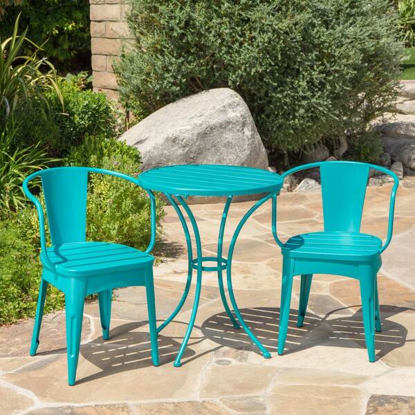 3-Piece Teal Colmar Metal Outdoor Bistro Set, Patio Dining Set for