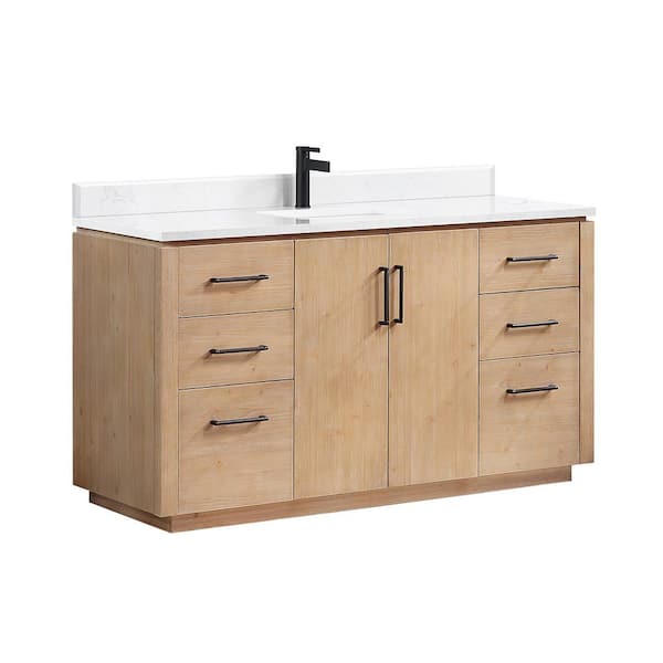 San 60 in.W x 22 in.D x 33.8 in.H Single Sink Bath Vanity in Fir Wood Brown with White Composite Stone Top