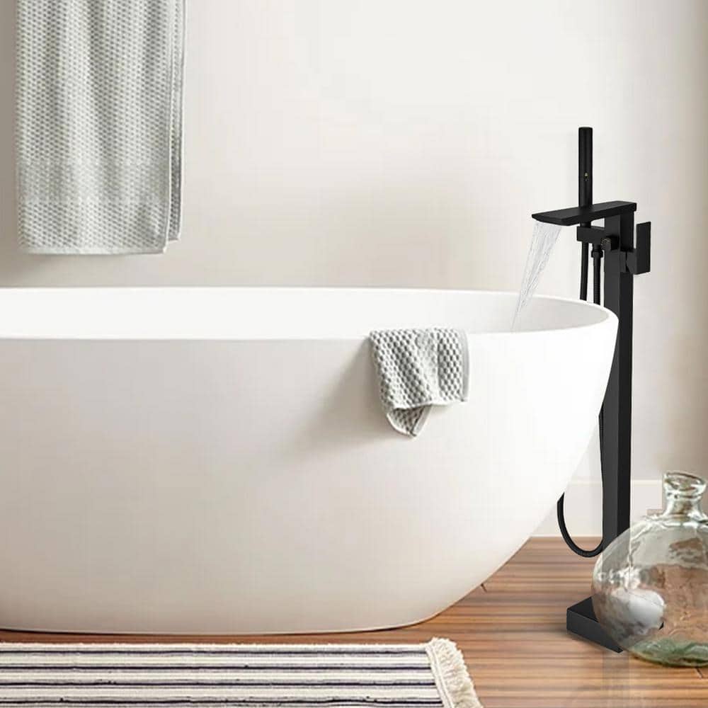 Matte Black Solid Brass Freestanding Tub Faucet with Handheld Shower
