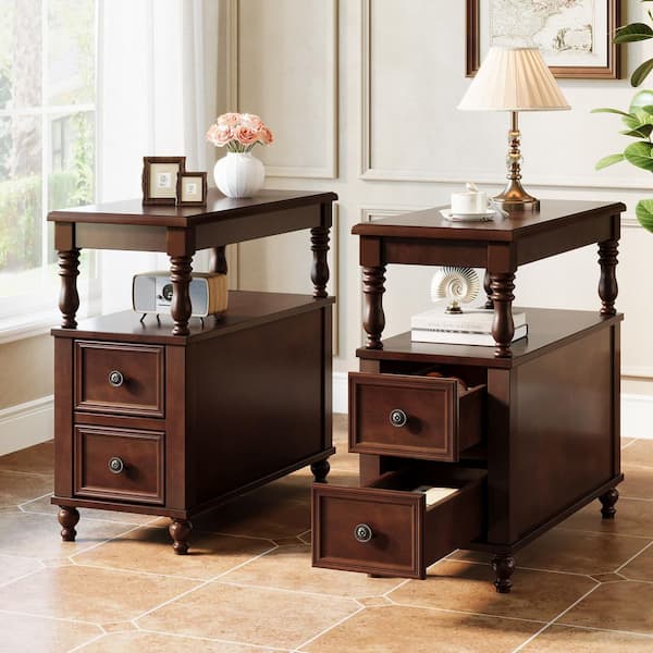 BYBLIGHT Kerlin 23.6 in. Brown Rectangle Solid Wood End Table Side Table with 2 Drawers Set of 2