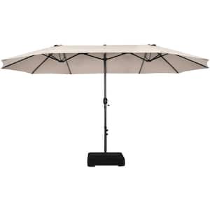 15 ft. Steel Double-Sided Patio Market Umbrella with Sandbags and External Cover in Beige