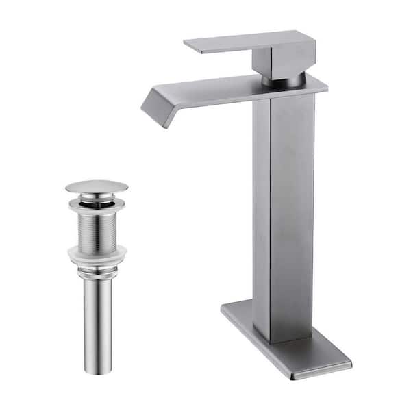 Waterfall Single Hole Single Handle Bathroom Vessel Sink Faucet with Pop-Up Drain Assembly in Brushed Nickel