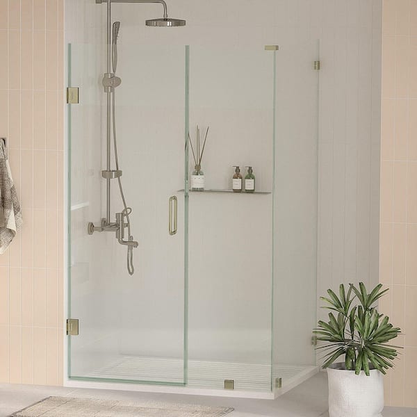 Nirvana 34 in. W x 38 in. L x 80 in. H Pivot Frameless Corner Shower Enclosure in Brushed Bronze with 3/8 in Clear Glass