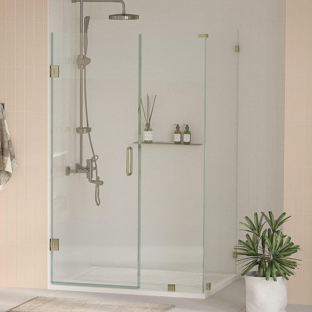 Nirvana 41 in. W x 39 in. L x 76 in. H Frameless Hinged Corner Shower Enclosure in Brushed Bronze w/ 3/8 in. Clear Glass price history on PriceWatchPro