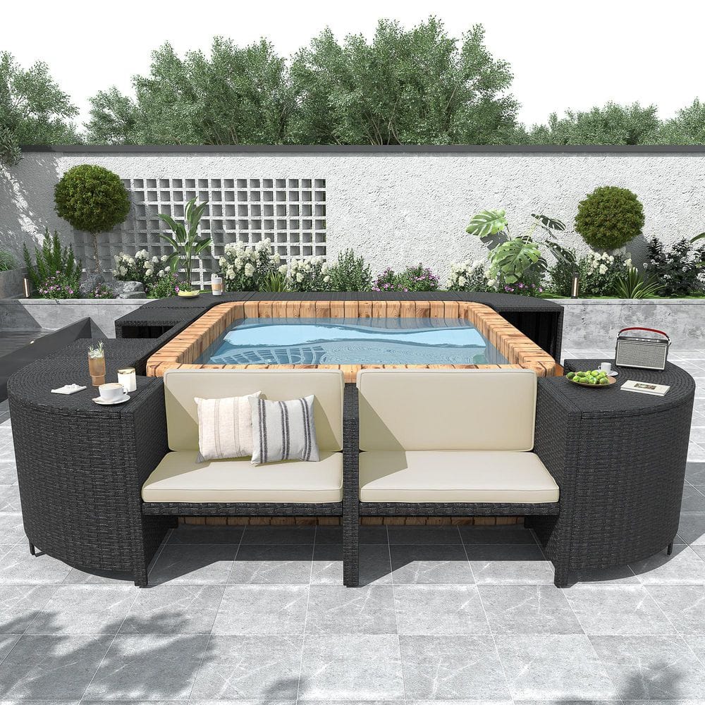 Wicker Outdoor Sectional with Beige Cushions and Mini Sofa, Wooden Seats and Storage Spaces price history on PriceWatchPro