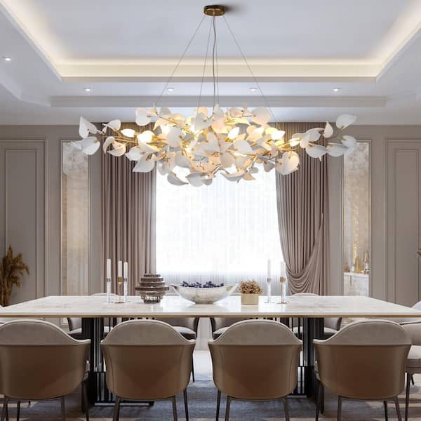 59" 12-Light Luxury Gold Rectangle Chandelier, Modern Ceramic Leaf Branch Chandelier for Dinning Room, Kitchen Island