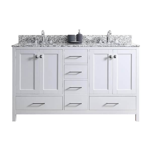 Virtu USA Caroline Madison 60 in. W Bath Vanity in White with Granite Vanity Top in Arctic White Granite with Round Basin