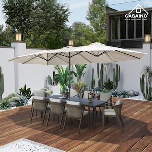 15 ft. Steel Market Patio Umbrella Double-Sided Twin Large Patio Umbrella with Base in Beige