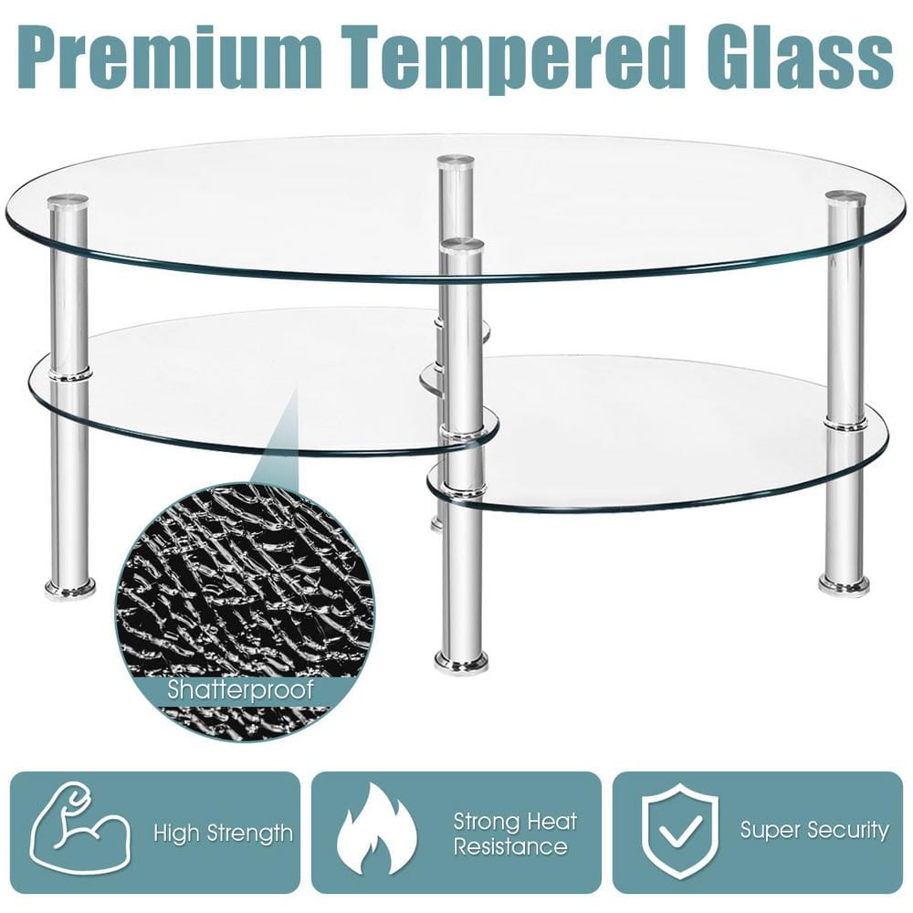 Transparent Oval Tempered Glass Coffee Table with Metal Legs