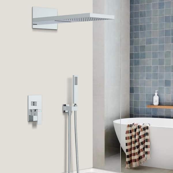 FORCLOVER Single Handle Ultra-thin Wall Mounted 1 -Spray Shower Faucet 1.8 GPM with 22 in. Square Waterfall Shower Head in Chrome