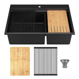 33 in. 60/40 Double Bowl Granite Composite Drop-in Kitchen Sink in Black with Grid and Strainer