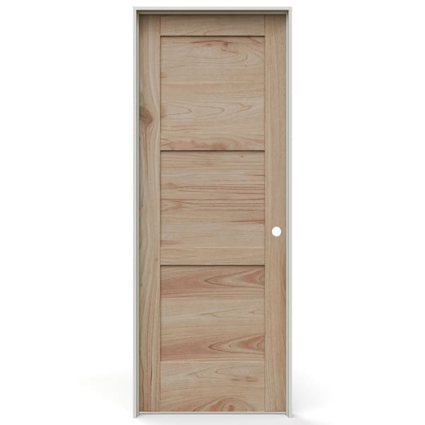 30 in. x 80 in. 3 Panel Left-Handed Solid Core Unfinished White Cedar Wood Single Prehung Interior Door w/ Nickel Hinge