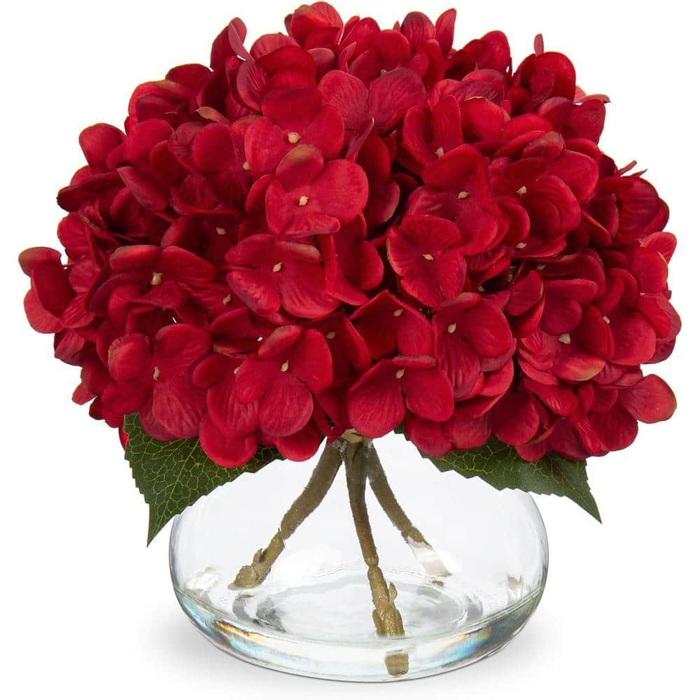9.5 in. Red Indoor Artificial Hydrangea Flowers in Glass Vase