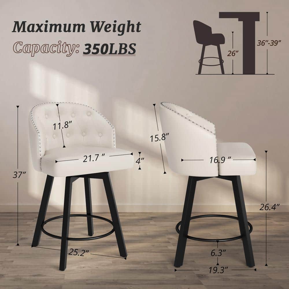 White Faux Leather Swivel Counter Height Bar Stools with Metal Frame, Set of 2