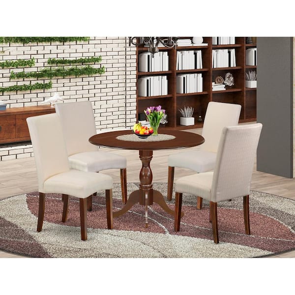 East West Furniture 5-Piece Mahogany Finish Solid Wood Top Dining table with 4 Chairs with Drop Leaf Lattice Back