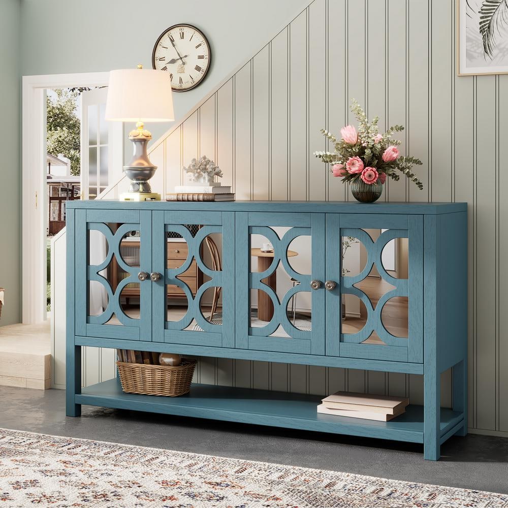 Antique Navy Wood 60 in. 4 Door Buffet Sideboard with Adjustable Shelves Mirrored Hollow carved Pattern Bottom Shelf