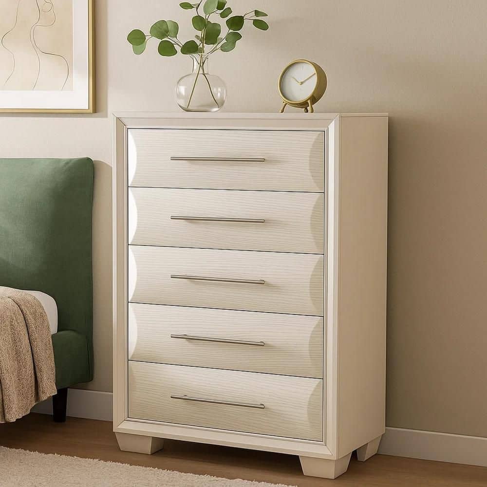 beige 5 drawer dresser 18 inch wide Nitz Tall Dresser Chest | 5 Drawers | White Solid Wood