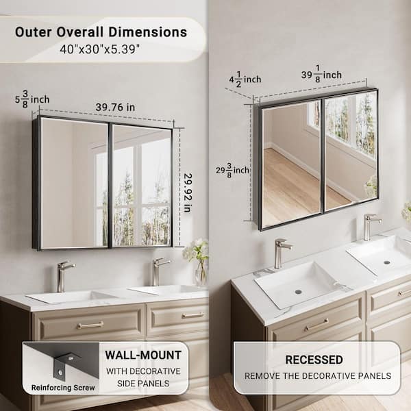 Musey 40 in W x 30 in H Black Rectangular Aluminum Medicine Cabinet with Beveled Mirror and Shelves, Recessed or Surface
