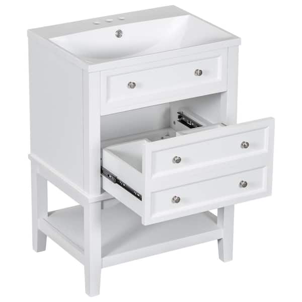Unbranded 24 in. W x 18 in. D x 34.2 in. H Single Sink Freestanding Bath Vanity in White with White Ceramic Top and Open Shelf