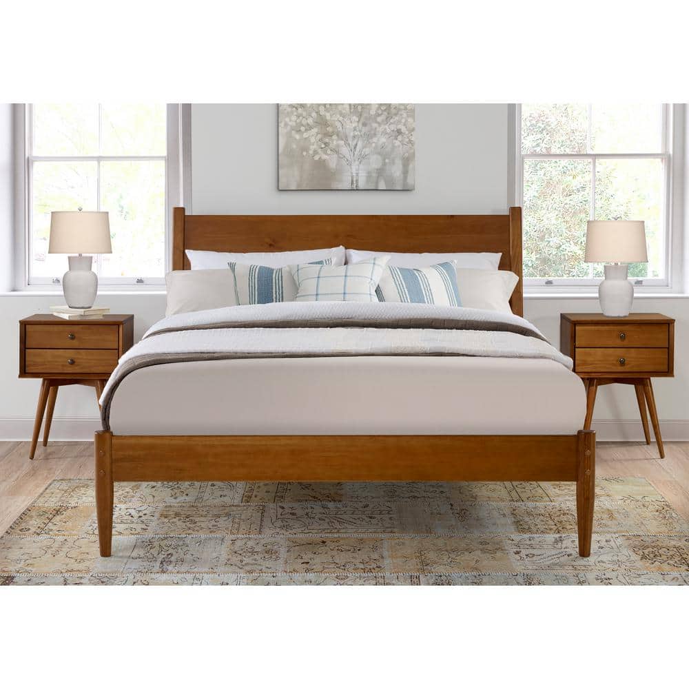 Queen Size Castanho Pine Wood Mid-Century Panel Bed