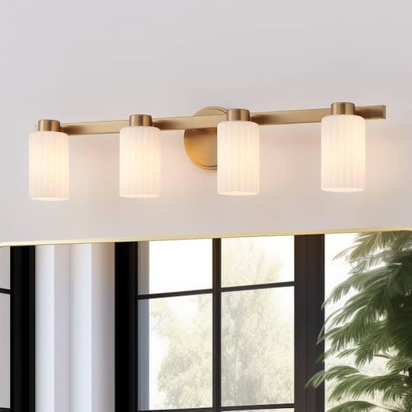 Bedminster 30-in. 4-light Champagne Gold Vanity Light with Etched Opal Ribbed Glass Shades