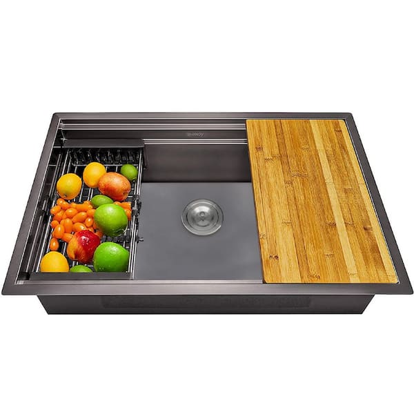 All-in-One Matte Black Finished Stainless Steel 32 in. x 18 in. Undermount Kitchen Sink with Spring Neck Faucet