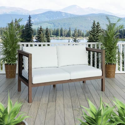 Acacia Wood Outdoor Loveseat with Black Wicker and White Cushion