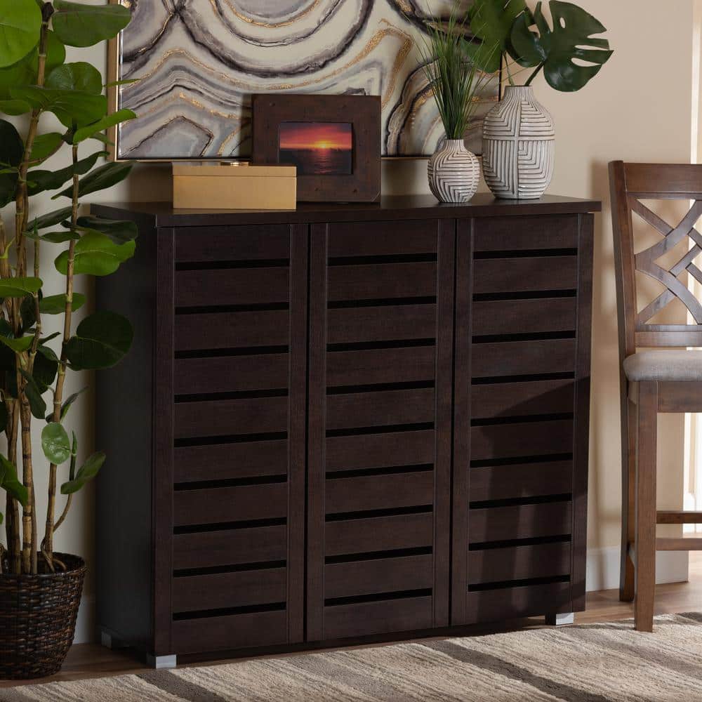 Adalwin Dark Brown 3-Door Wooden Shoe Storage Cabinet