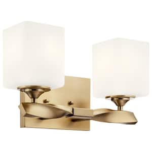 Marette 13.5 in. 2-Light Champagne Bronze Contemporary Bathroom Vanity Light with Satin Etched Cased Opal Glass
