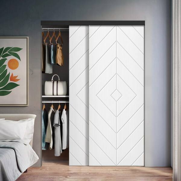 CALHOME 60 in. x 96 in. Hollow Core White Stained Solid Wood Interior Double Sliding Closet Doors