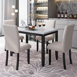 White 5-Piece Faux Marble MDF Top Dining Table Set for 4, Rectangle Dining Room Table and 4 Thicken Cushioned Chairs