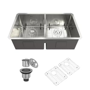 32 in. Undermount Double Bowl 18-Gauge Brushed Stainless Steel Kitchen Sink Whth Accessories
