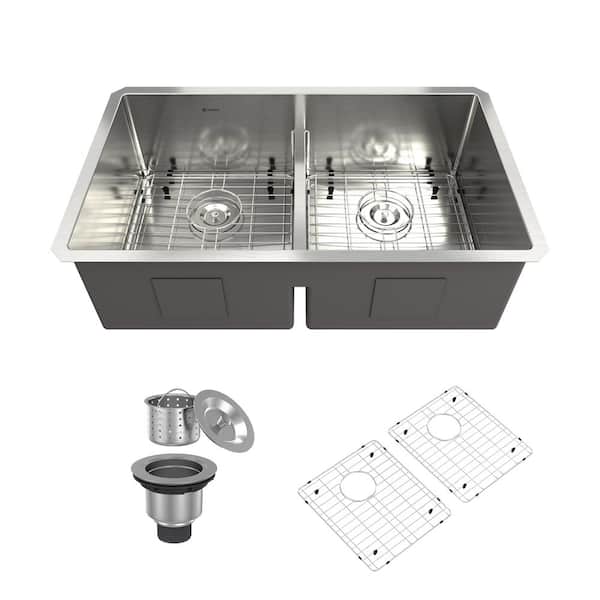 VANITYFUS 32 in. Undermount Double Bowl 18-Gauge Brushed Stainless Steel Kitchen Sink Whth Accessories