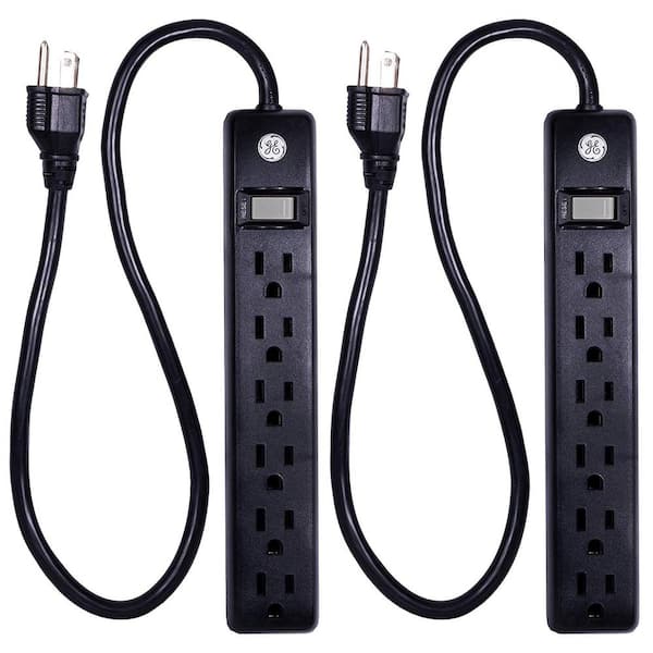 GE 6-Outlet Power Strip with 2 ft. Extension Cord with Wall Mount and Integrated Circuit Breaker, Black (2-Pack)