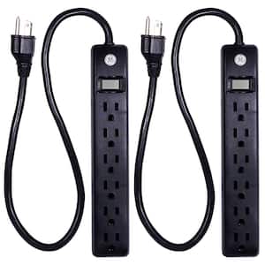 6-Outlet Power Strip with 2 ft. Extension Cord with Wall Mount and Integrated Circuit Breaker, Black (2-Pack)