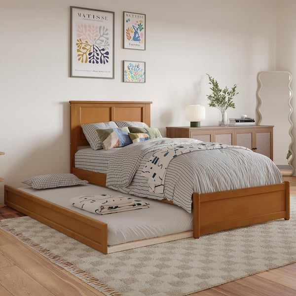 AFI Felicity Light Toffee Natural Bronze Solid Wood Frame Twin XL Platform Bed Panel Footboard and Twin XL Trundle