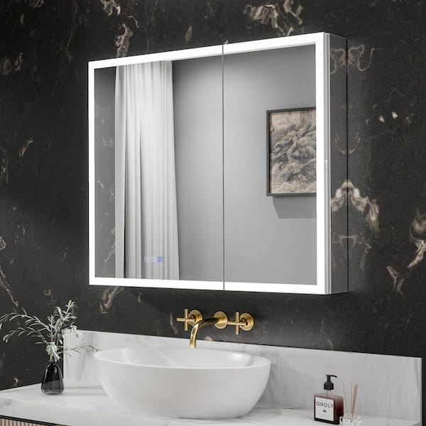 36 in. W x 30 in. H Rectangular Silver Aluminum Recessed/Surface Mount Dimmable Medicine Cabinet with Mirror & Defogger