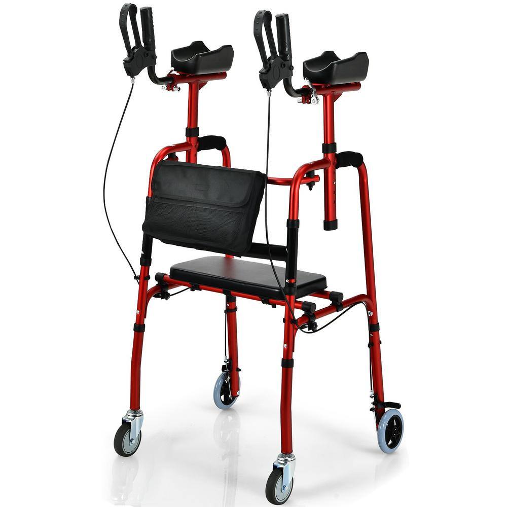 WELLFOR Folding Walker with Brakes FlipUp Seat Bag in Red SPHPY