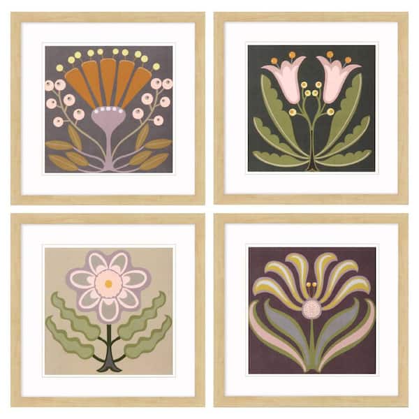 Graphic Folk Flower by Moore 4-Piece Framed Nature Poster 18 in. x 18 in.