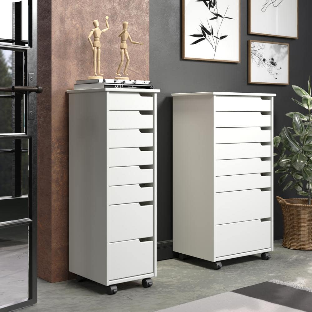 Euro White Solid Wood 8-Drawer Rolling Office Storage Cart