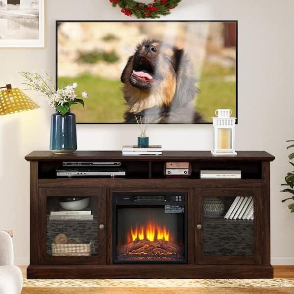 60 in. Freestanding TV Stand with 21.25 in. Fireplace Insert, Brown, Classic American Design, Open and Closed Storage