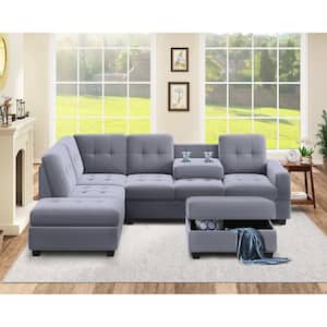 112 in. Square Arm 3-Piece L-Shaped Velvet Upholstered Sectional Sofa in Gray with Storage Ottoman