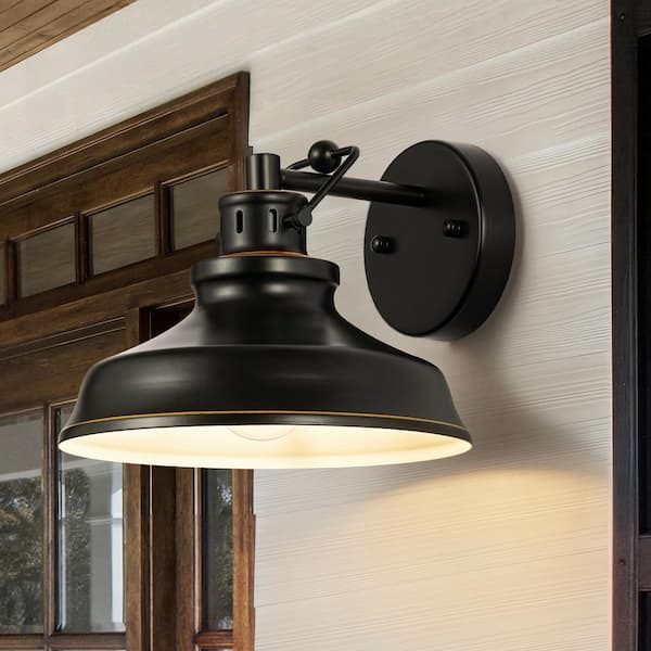 Husby 9.25 in. W 1-Light Vintage Matte Black Dome Wall Sconce White Interior with Gold Trim
