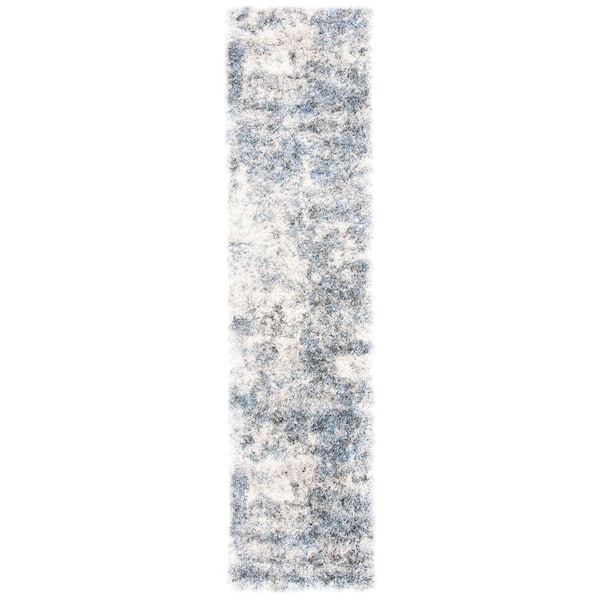 Berber Shag 2 ft. x 12 ft. Ivory/Blue Abstract Modern Runner Rug