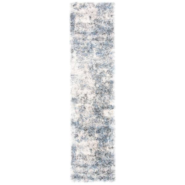 Berber Shag 2 x 14 Ivory/Blue Abstract Runner Rug