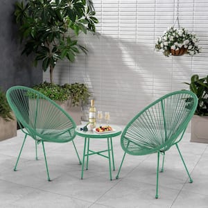 3-Piece Rattan Outdoor Bistro Conversation Set in Green with Side Table